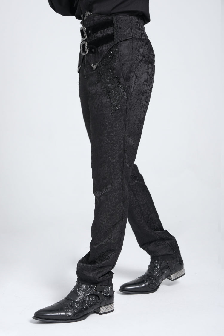 Pantalon de costume gothique pour homme à broderie taille haute avec doubles boucles noires 