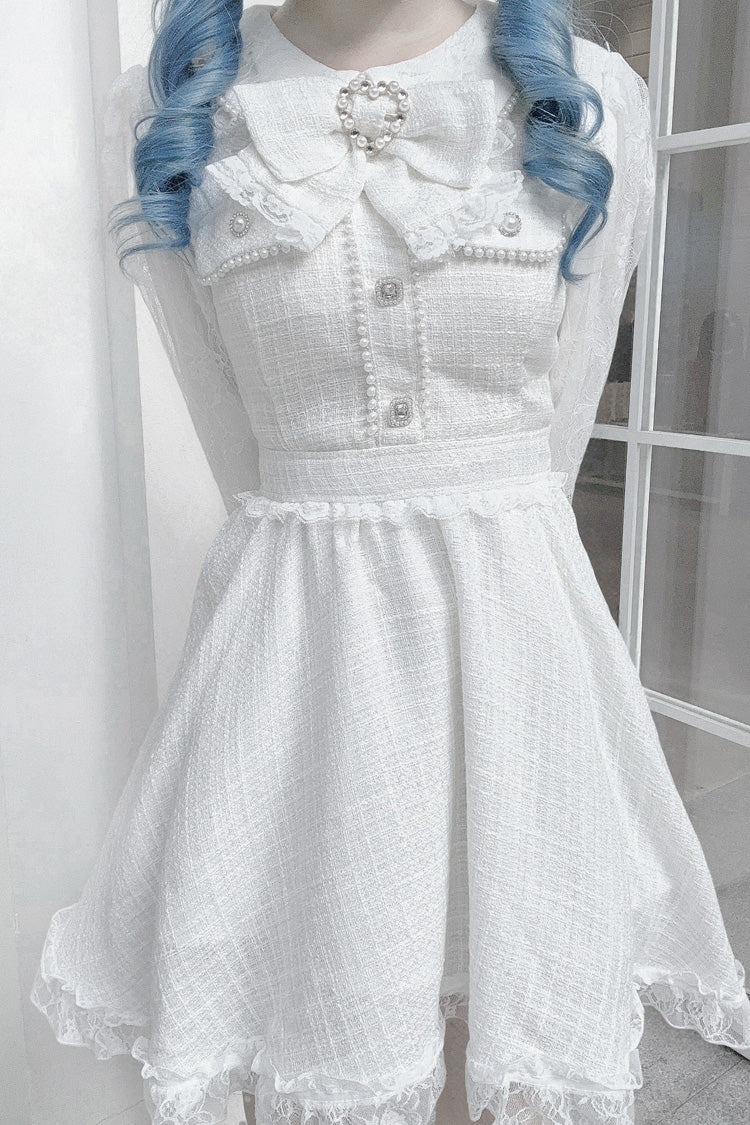 White Long Sleeves Bowknot Lace Pearl Sweet Jirai Kei Dress