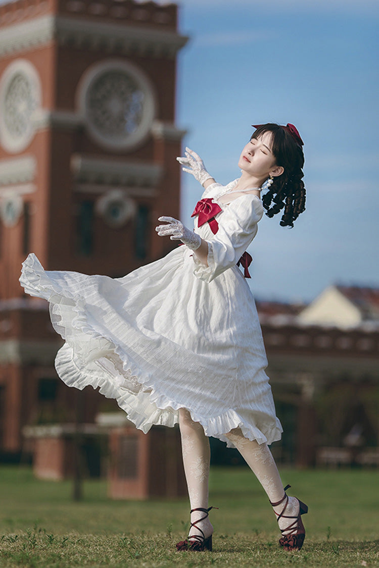 White Roman Covenant Boat Neck Long Sleeves Ruffle Classic Lolita Dress