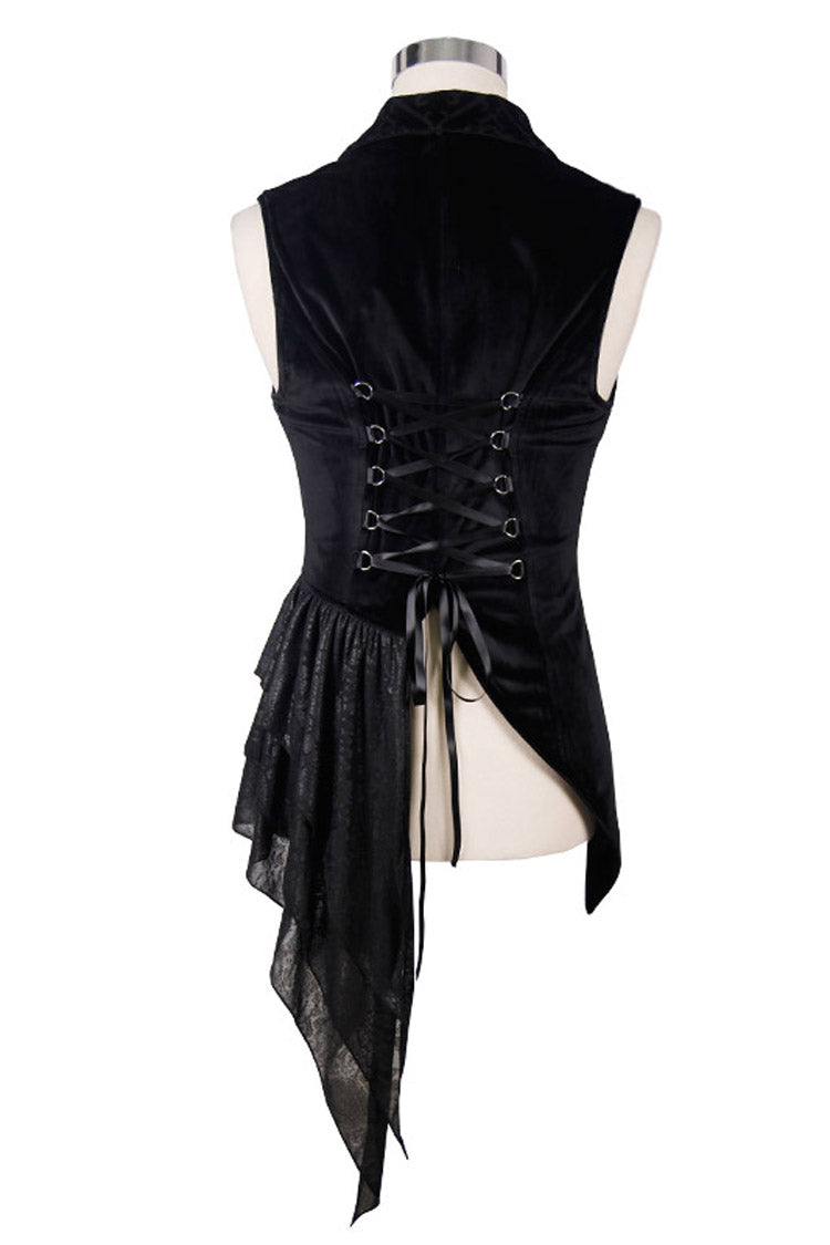 Black Spun Velvet Chinese Frog Button Floral Spiral Pattern Asymmetrical Hem Lace Up Men's Gothic Waistcoat
