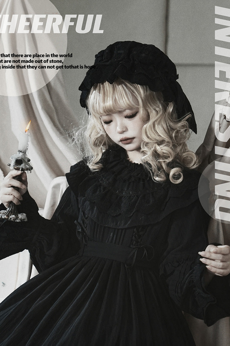 Black [Good Night] Long Sleeves Double-Layered Ruffle Bowknot Lace-Up Holy Gothic Lolita Dress