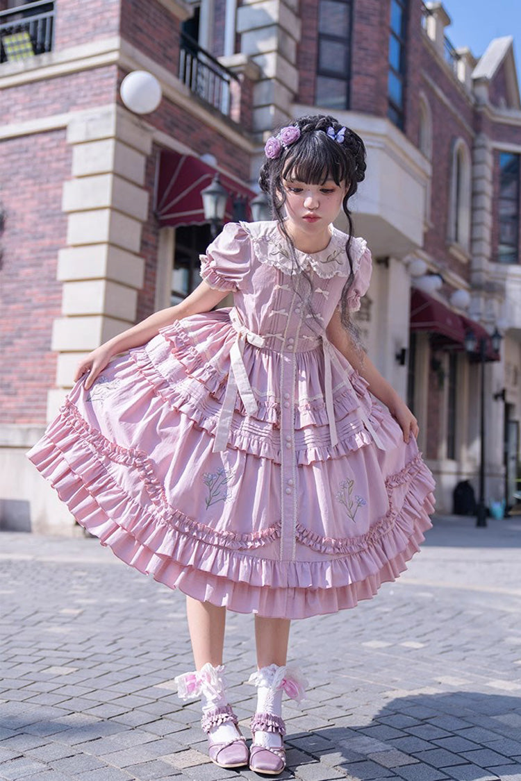 Pink Doll Collar Short Sleeves Iris Poem Print Ruffle Embroidery Sweet Lolita Dress