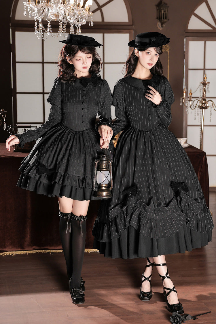 Black [Silent Tonight] Lapel Collar Long Sleeves Striped Printed Ruffled Bow Asymmetric Gothic Elegant Lolita Dress 2 Versions