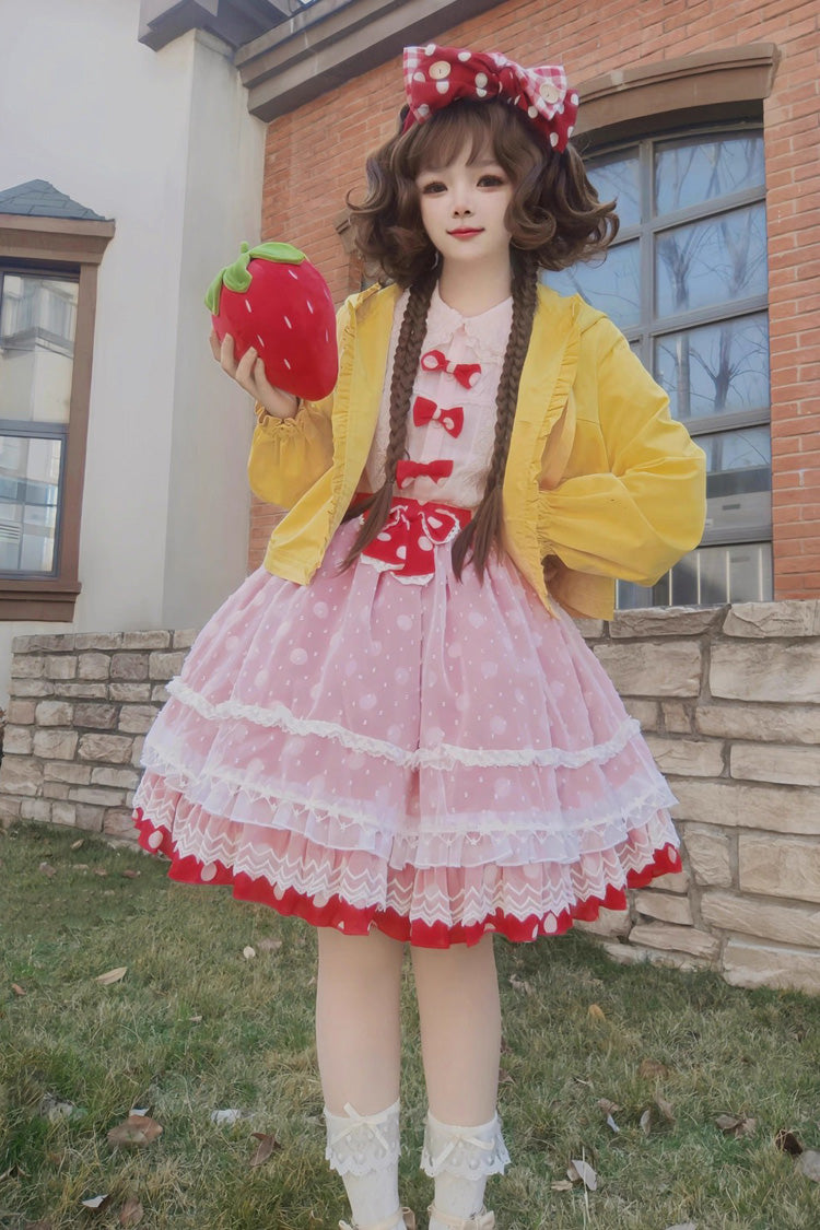 [Wave Candy] Jupe Lolita douce à nœud à volants imprimé triple couche 3 couleurs 