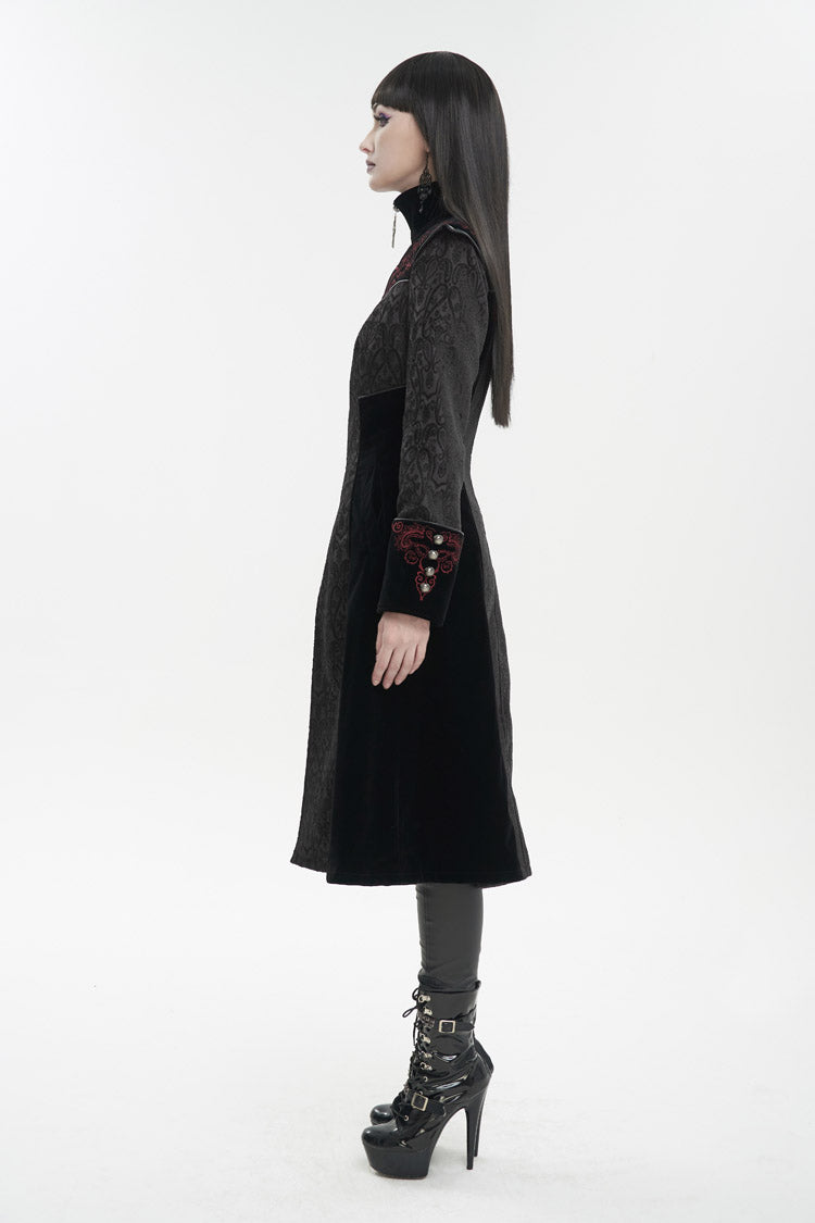 Black Jacquard Studded Mushroom Buckle Metal Cross Embroidered Women's Gothic Coat