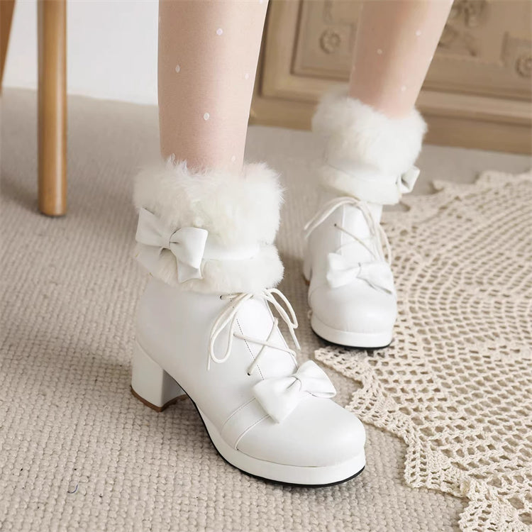 Sweet Fleece-Lined Thickened Bow Lace-Up Lolita Ankle Snow Boots 2 Colors
