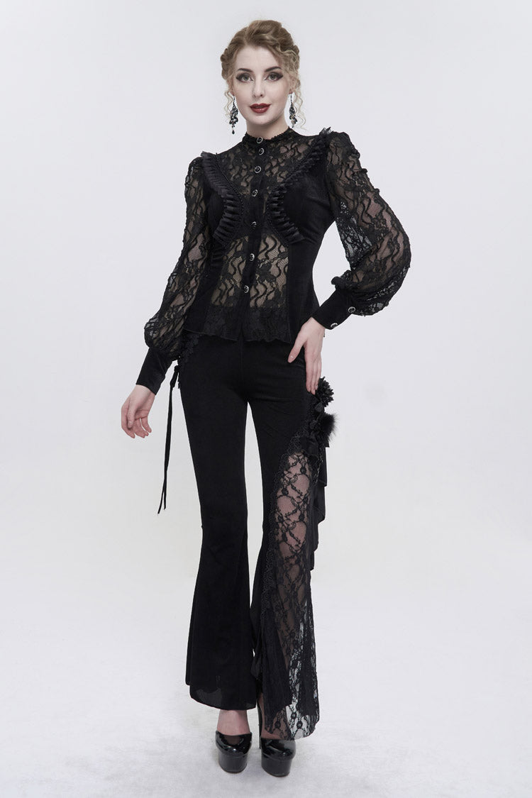 Schwarzer Samt-Hochhals-Spitzen-Fake-BH-Design, das dreidimensionales Schmetterlingsnetz-Gothic-Shirt für Damen spleißt