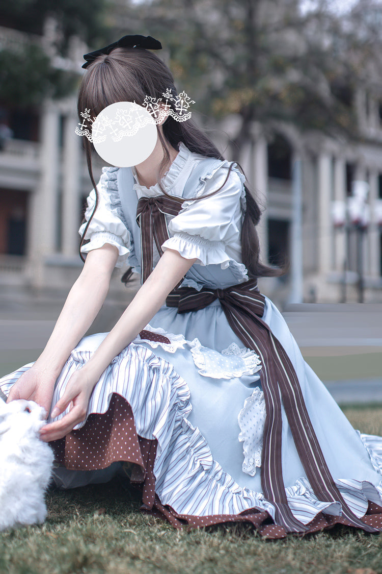 Blue [Magic Vocal Club] Sleeveless Print Ruffle Bowknot Sweet Alice College Style Elegant Lolita Jumper Dress