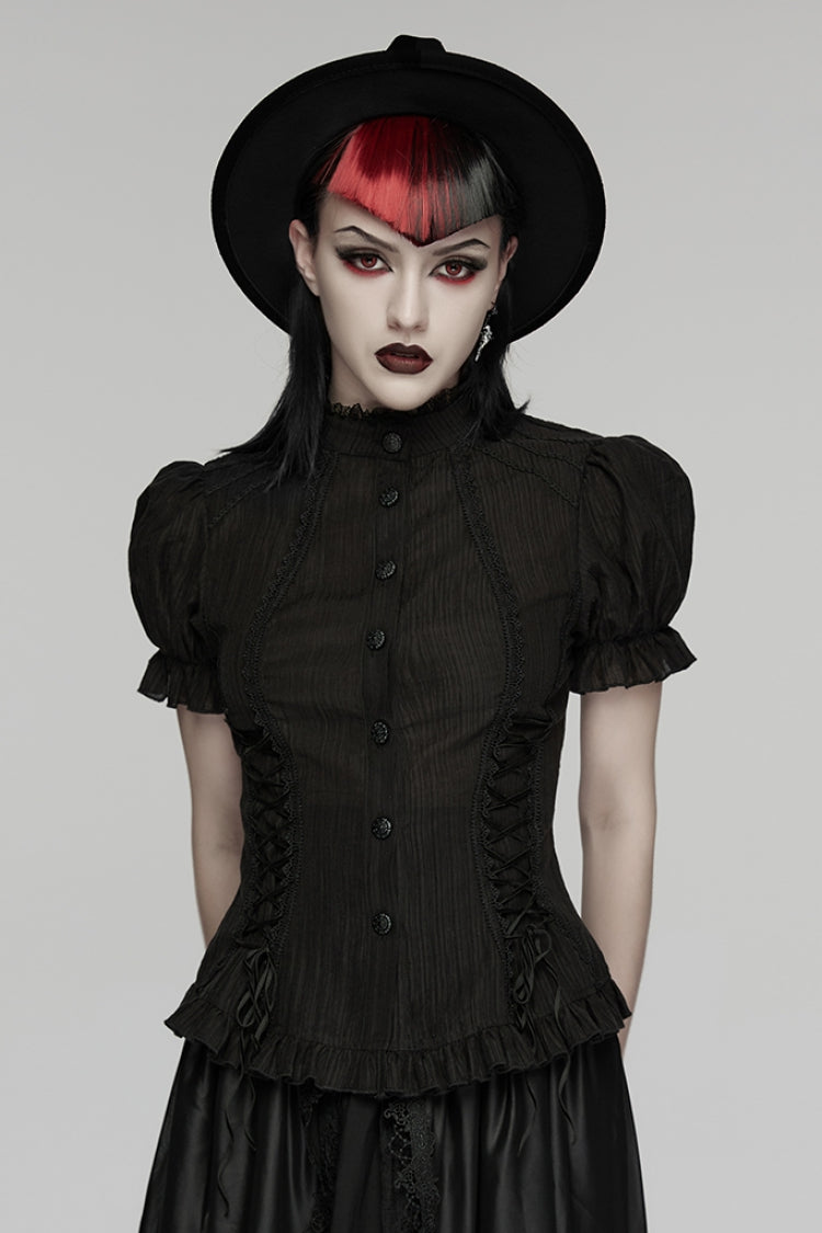ブラック スタンド カラー ショート パフ スリーブ フリル レースアップ レディース ゴシック ブラウス