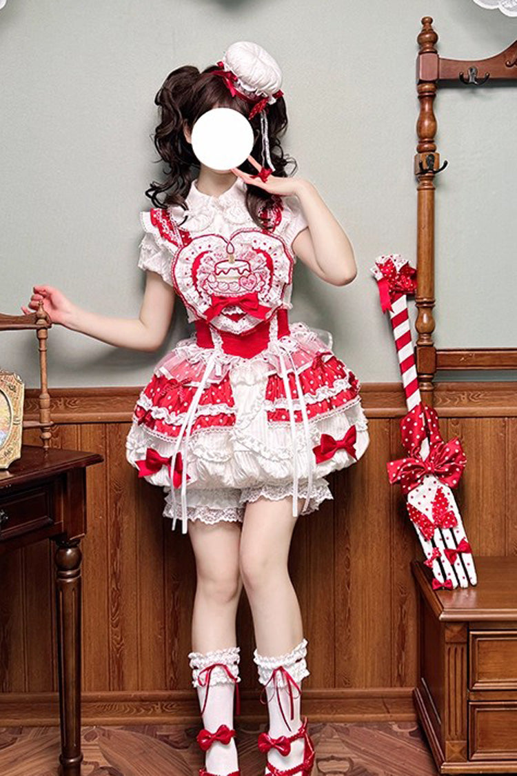 Red/White [Twin Bears] Birthday Cake Sleeveless Print Ruffle Bowknot Lace Sweet Lolita Small Flower Bud Dress