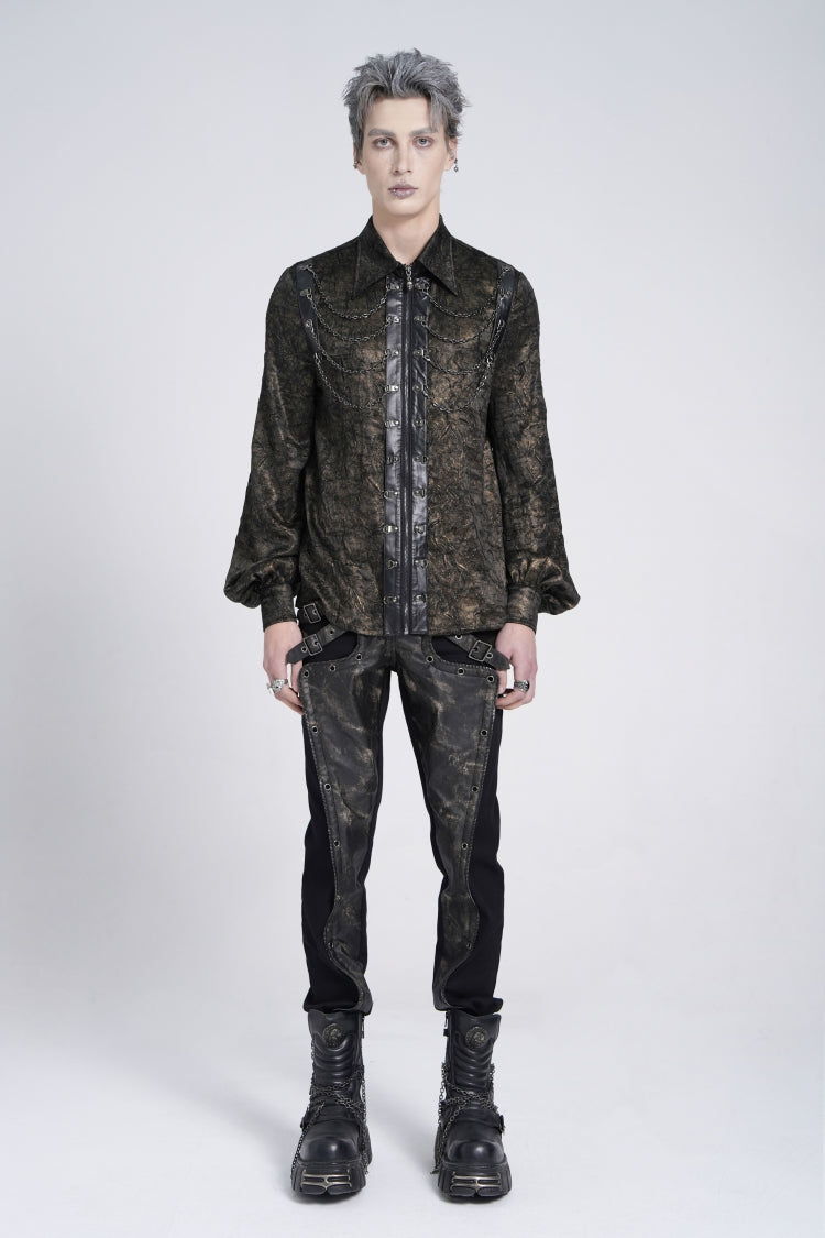 Schwarze Bluse mit Reverskragen, langen Puffärmeln, Kunstleder-Nähten und Kette im Gothic-Stil für Herren 