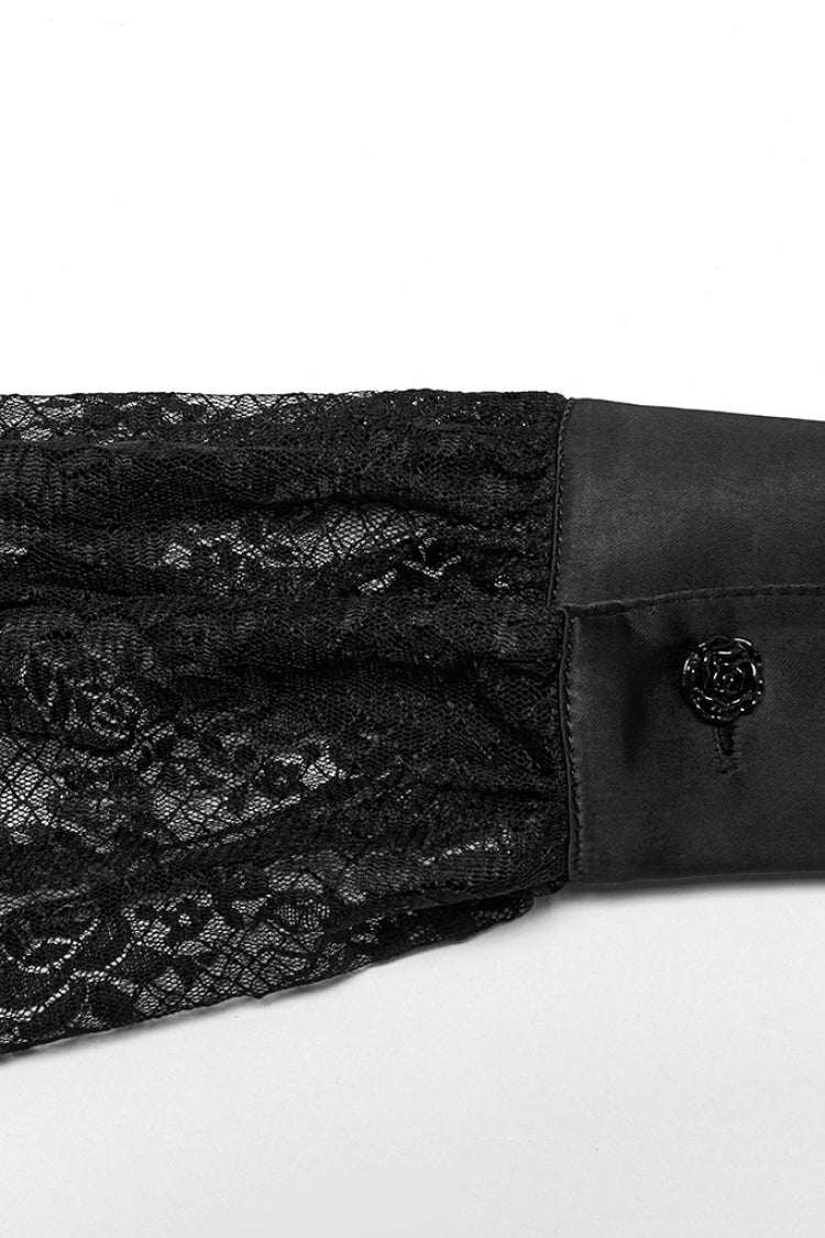 Black Stand Collar Long Puff Sleeves Hollow Embroidery Lace Women's Gothic Blouse