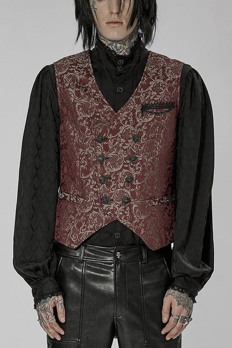 Red Punk Gorgeous V Neck Asymmetrical Relief Sculpture Jacquard Double Row Hand Seam Button Men's Vest