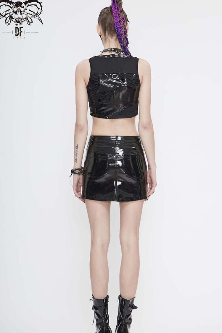 Black Short Leather Splice Mesh Asymmetrical Heavy Metal Decoration Women's Punk Waistcoat