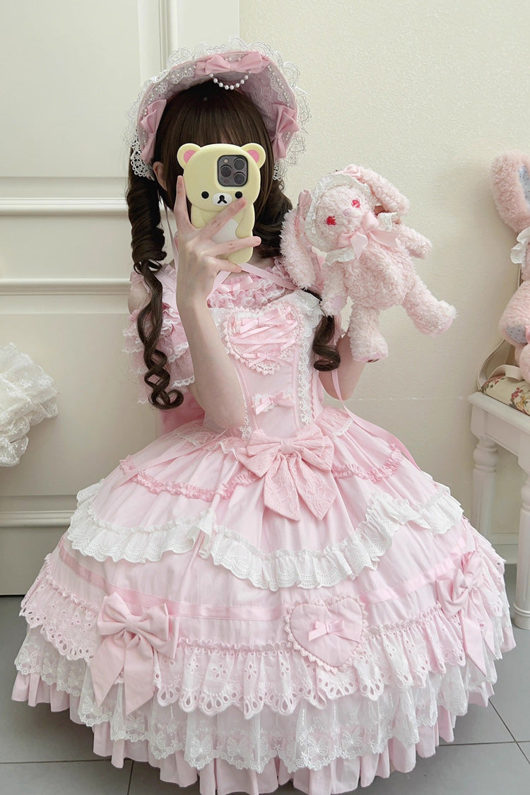Robe Lolita Jsk élégante et douce en dentelle avec nœud papillon à volants à trois couches sans manches [Super Cute Belia] rose 