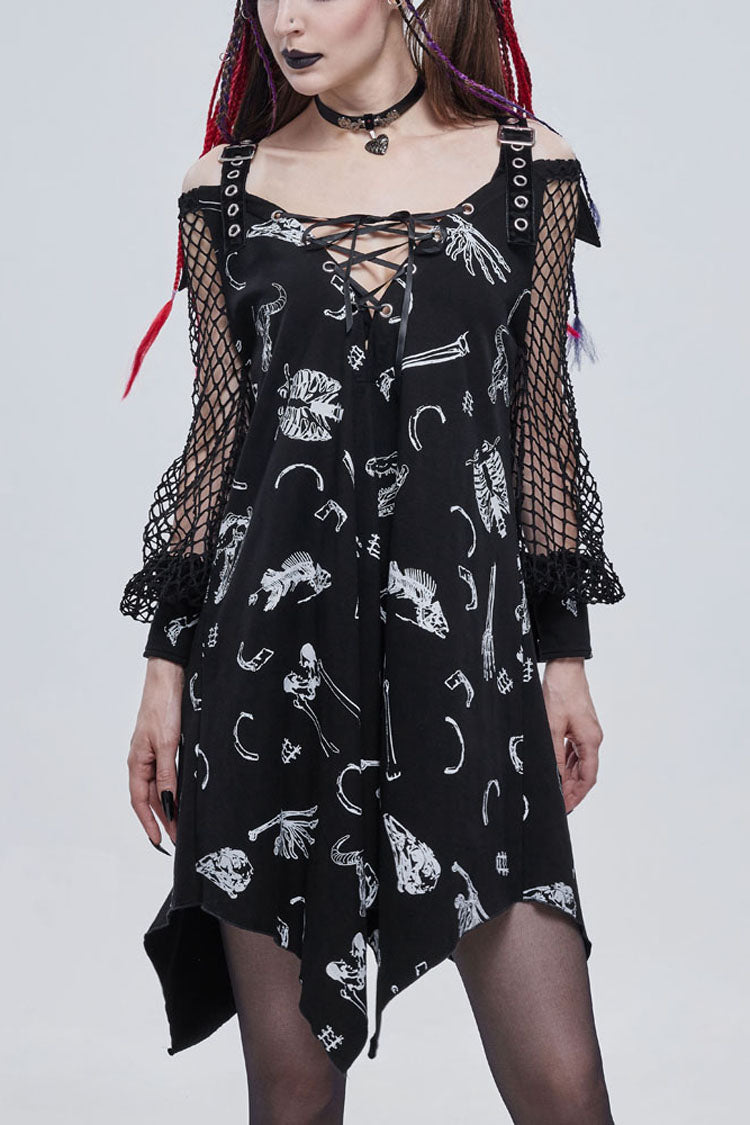 Black Gothic Knit Bone Print Sling Metal Grommet Strap Design Long Sleeve Women's Dress