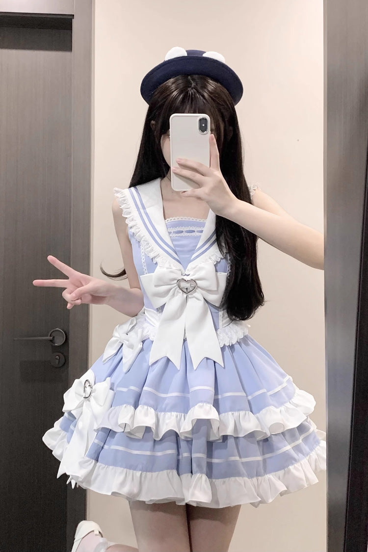 Light Blue Navy Style Sleeveless Double Layer Ruffle Bowknot Lace Sweet Lolita Dress