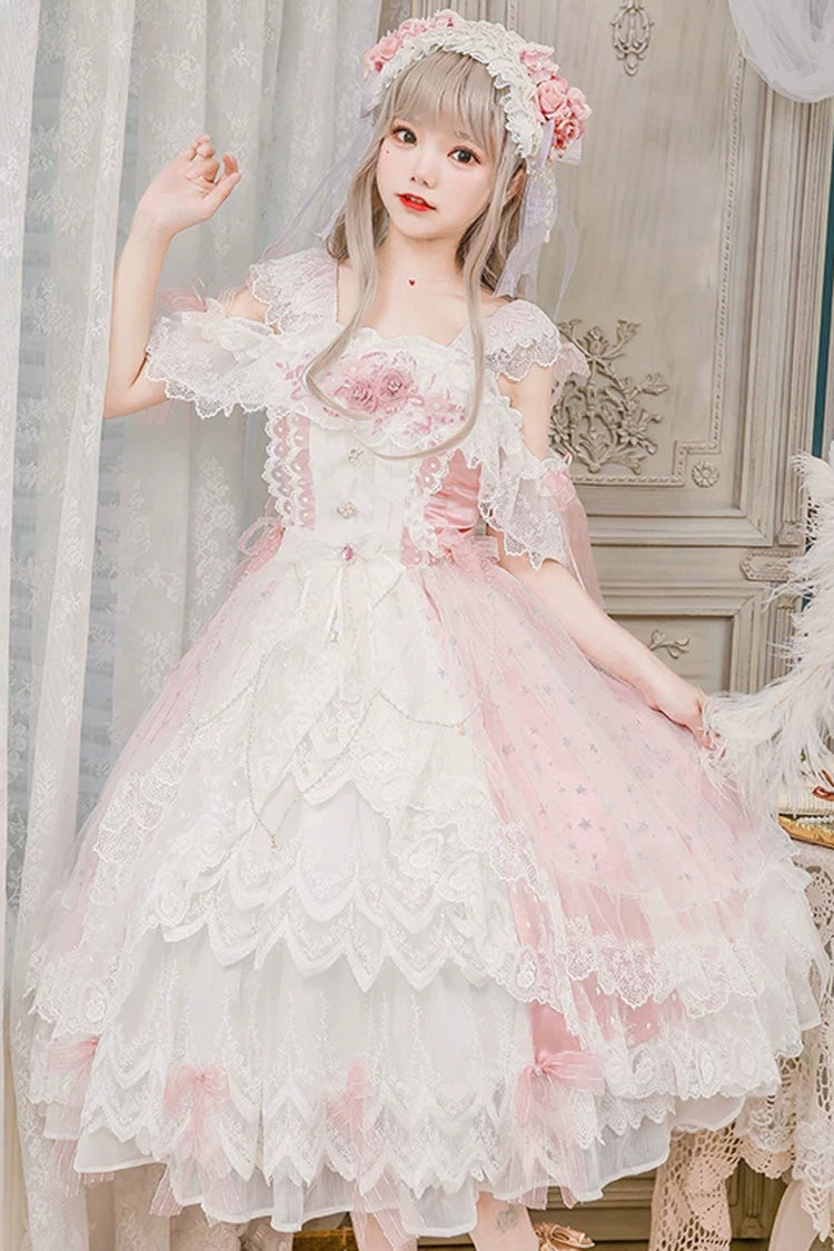 Rose/Blanc [Illusion glacée] Épaules dénudées Dos nu Sans manches Multicouche Imprimé Style de mariage Brodé Ouvert sur le devant Noeud en dentelle Détail de perles Robe Lolita douce