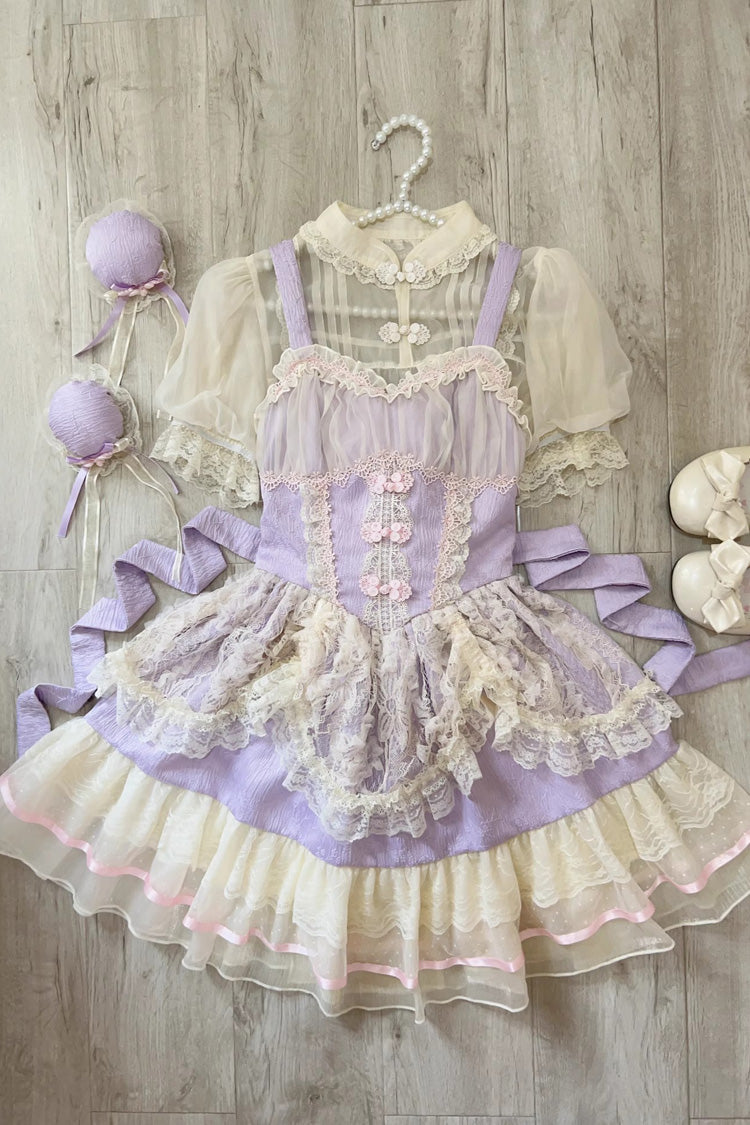 Neckholder-Kleid mit Blumenknospen-Print und Rüschenspitze, süßes Lolita-JSK-Kleid im chinesischen Ballettstil, 3 Farben