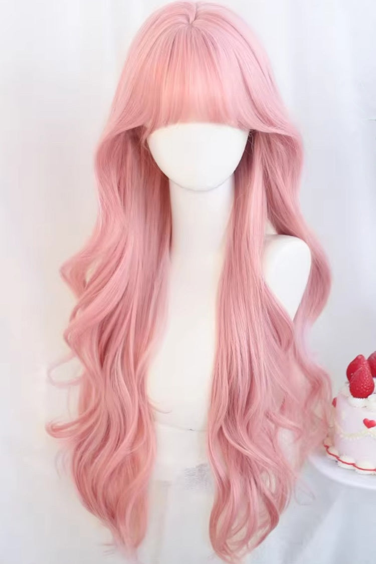 Perruque Lolita douce longue et droite rose Sakura de rêve avec une frange légère et aérée