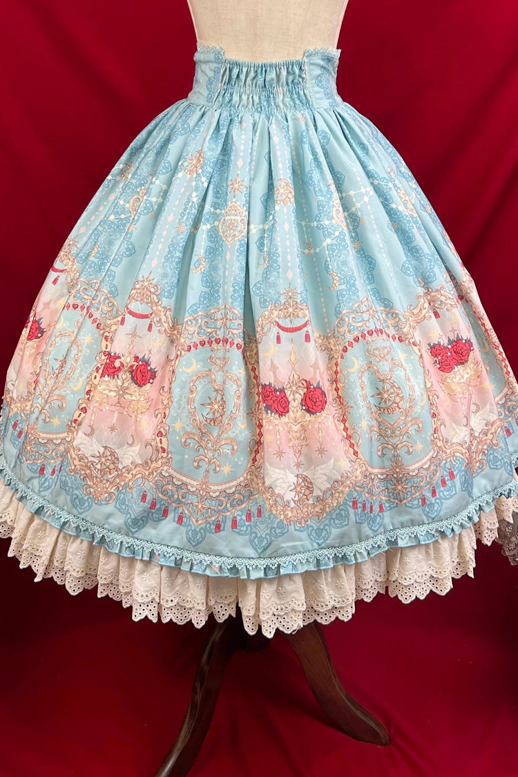 Blue [Moonlit Garden Secret] Print Ruffle Embroidery Lace Sweet Elegant Palace Lolita Skirt