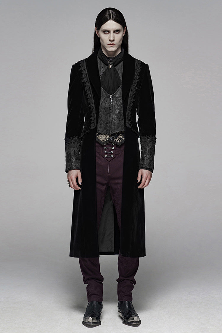 Black Long Sleeves Jacquard Lace-Up Slim Men's Gothic Long Coat