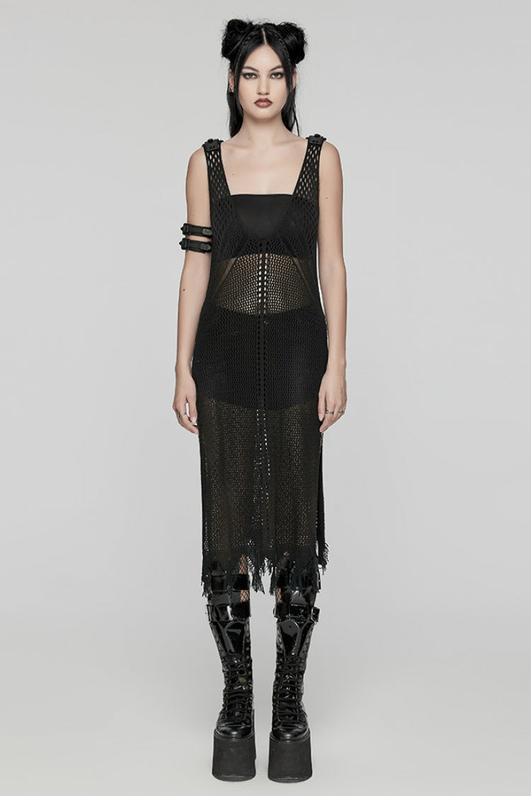 Black V Collar Sleeveless Plunging Mesh Women's Gothic Dress