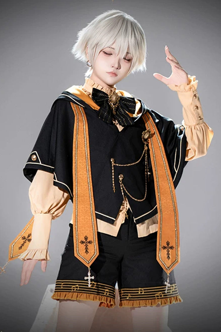 Schwarz/Orange [Der Chor der Kirche] Stehkragen, lange Ärmel, Schleife, Kettenverzierung, Ouji-Gothic-Prinzen-Lolita-Kürbis-Shorts-Set
