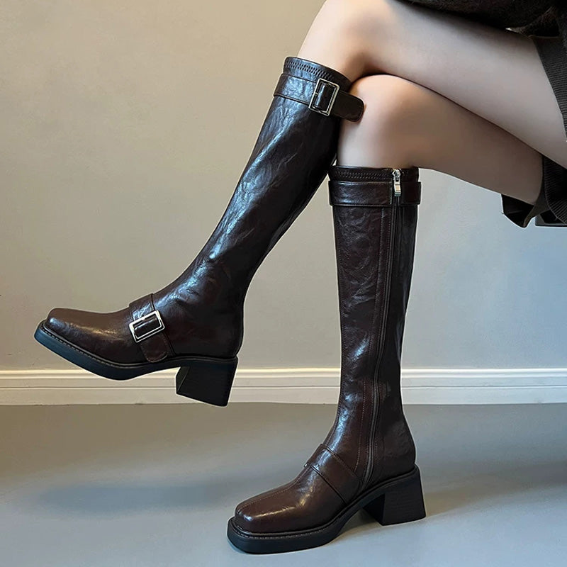 Klassische kniehohe Lolita-Stiefel aus PU mit Schnalle, 2 Farben (Schwarz, Braun)