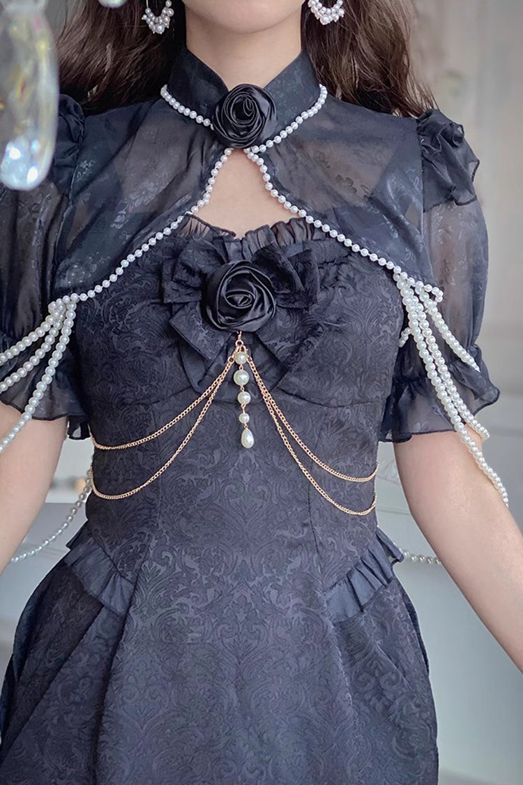 Black [Camellia 1.0] Sleeveless Jacquard Ruffle Lace Gothic Chinese Style Lolita Jsk Fishtail Dress