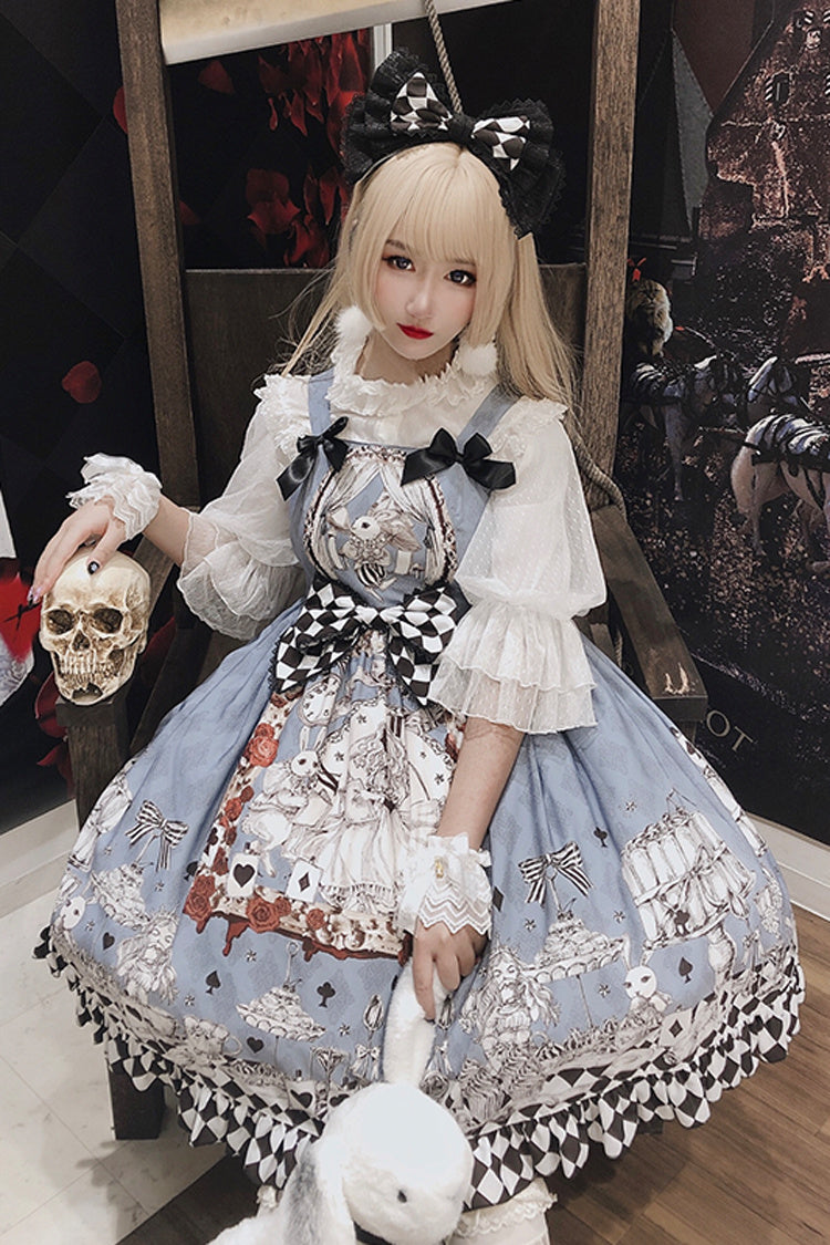 Multi-Color Blue Alice Bunny and Princess Party Print Sleeveless Bowknot Classic Gothic Lolita JSK Dress