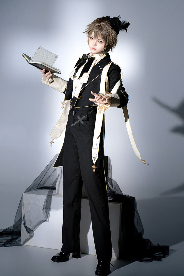 Black Long Sleeves Print Gothic Prince Handsome Ouji Lolita Swallowtail Coat