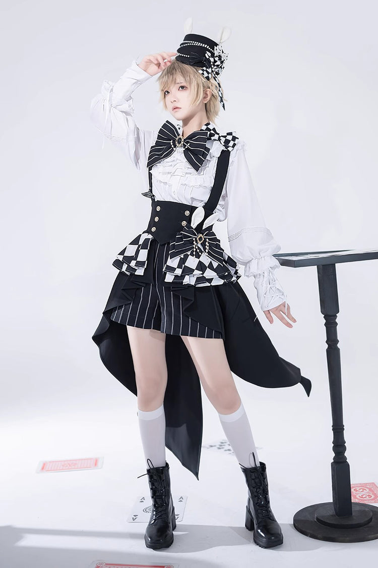 Black/White Rabbit Theater Checkerboard Print Ouji Lolita Waist Bowknot