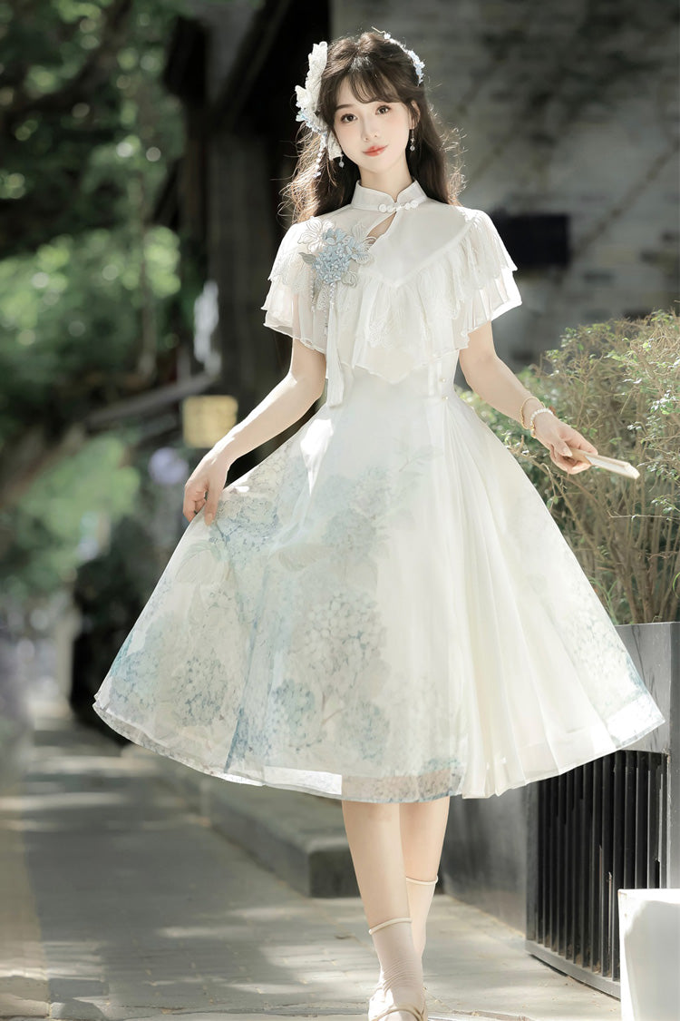 Blanc [Message Hydrangea] Manches courtes Imprimé Volant Dentelle Doux Style chinois Élégant Robe courte Lolita 