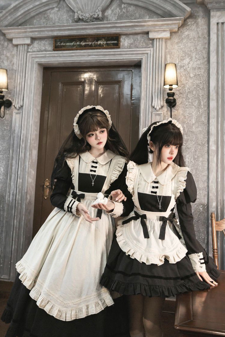Black Maid Lapel Collar Short Sleeves Ruffle Sweet Classic Lolita Dress (Short or Long Version)