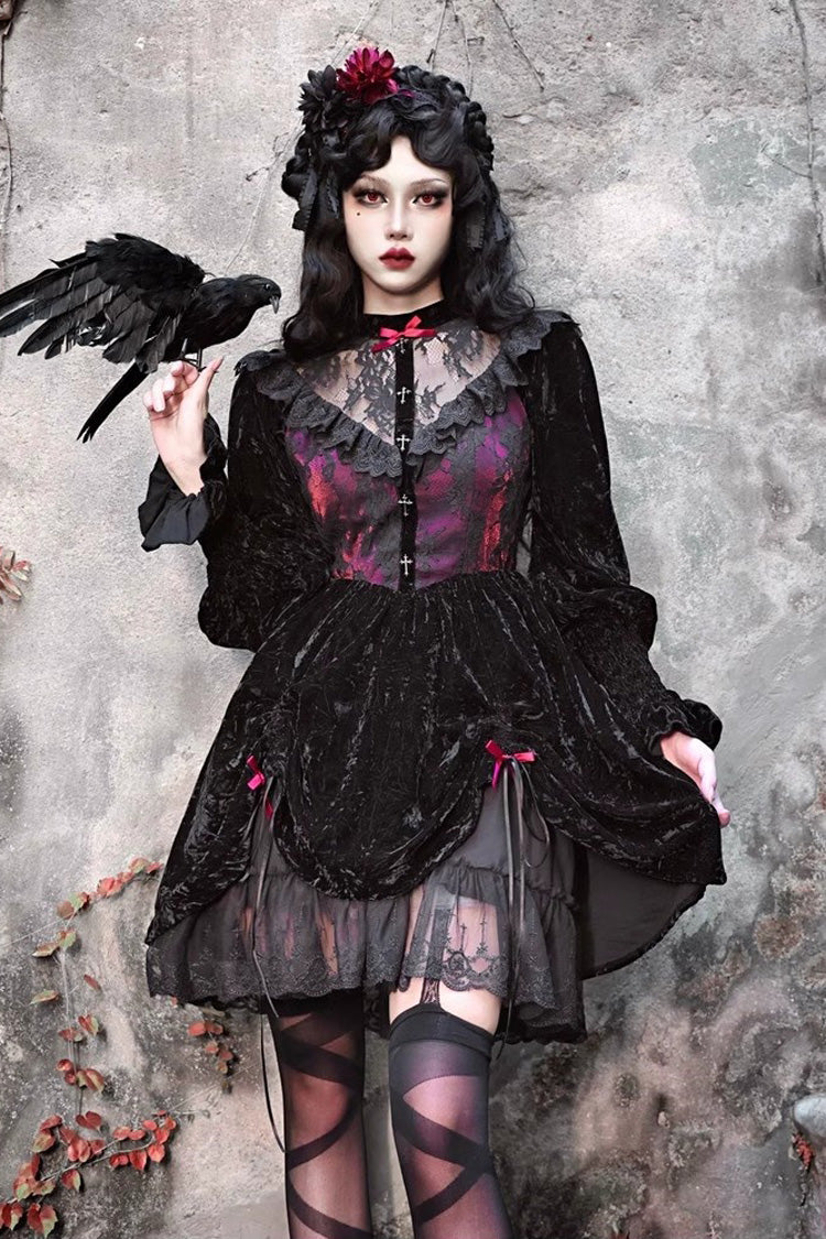 Black/Red [Rose Cemetery] Long Puff Sleeves Hollow Lace Gothic Lolita Dress