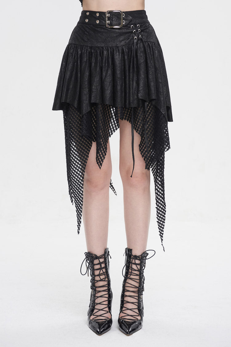 Black Lrregular Mesh Splice Buckle Women's Gothic Skirt