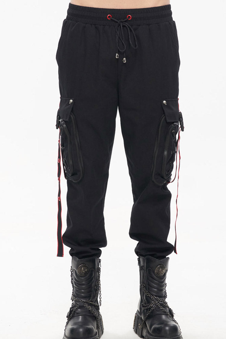 Black Punk Multi Pocket Webbing Decorative Drawstring Men's Long Pants