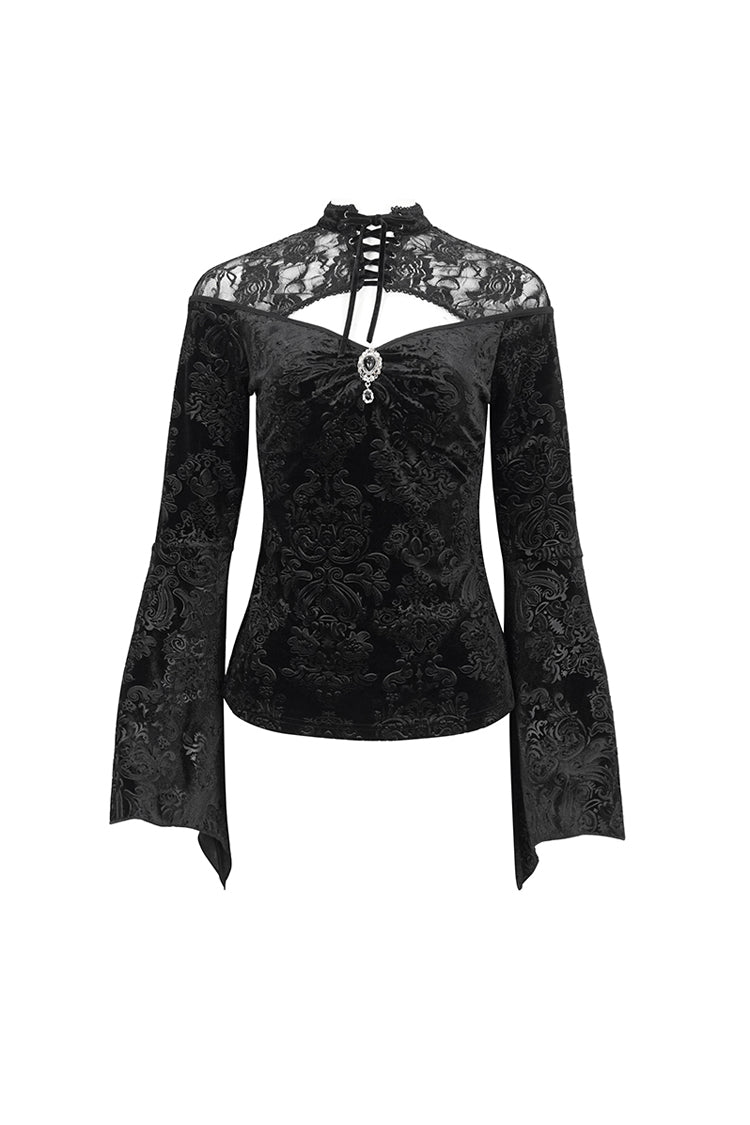 Black Lace Cutout Round Collar Flared Sleeved Floral Embossed Women's Gothic Shirt