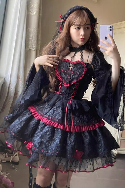 Black/Red Witch Vampire Rose Long Sleeves Print Ruffle Lace-Up