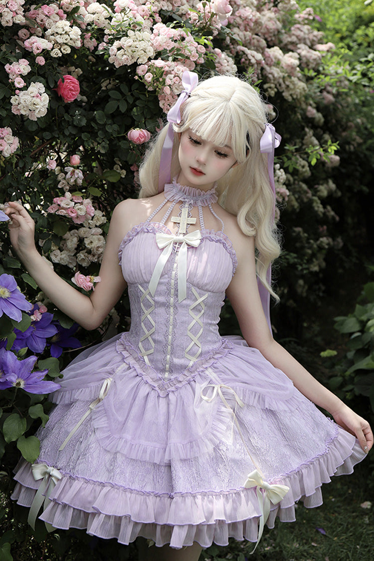 Purple Tube Top Sleeveless Ruffle Bowknot Gothic Lolita Jsk Tiered Dress