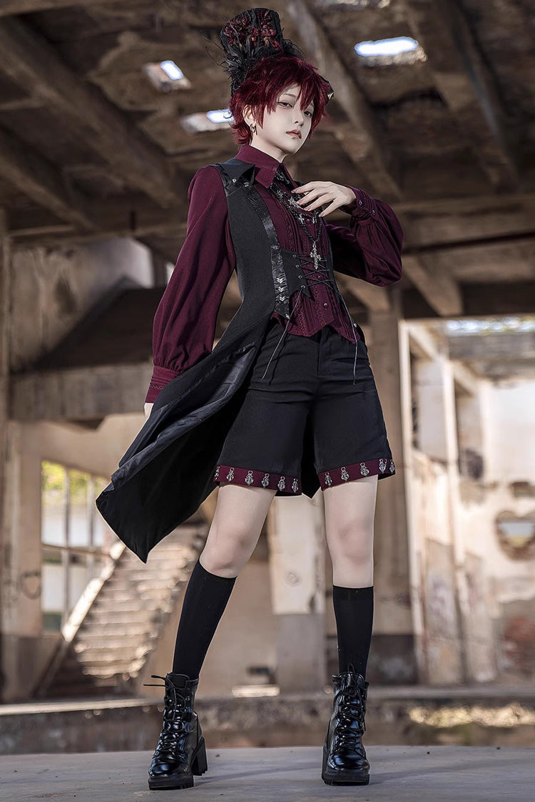 Red Lapel Collar Long Sleeves Embroidery Slim Gothic Vintage Prince Ouji Lolita Blouse