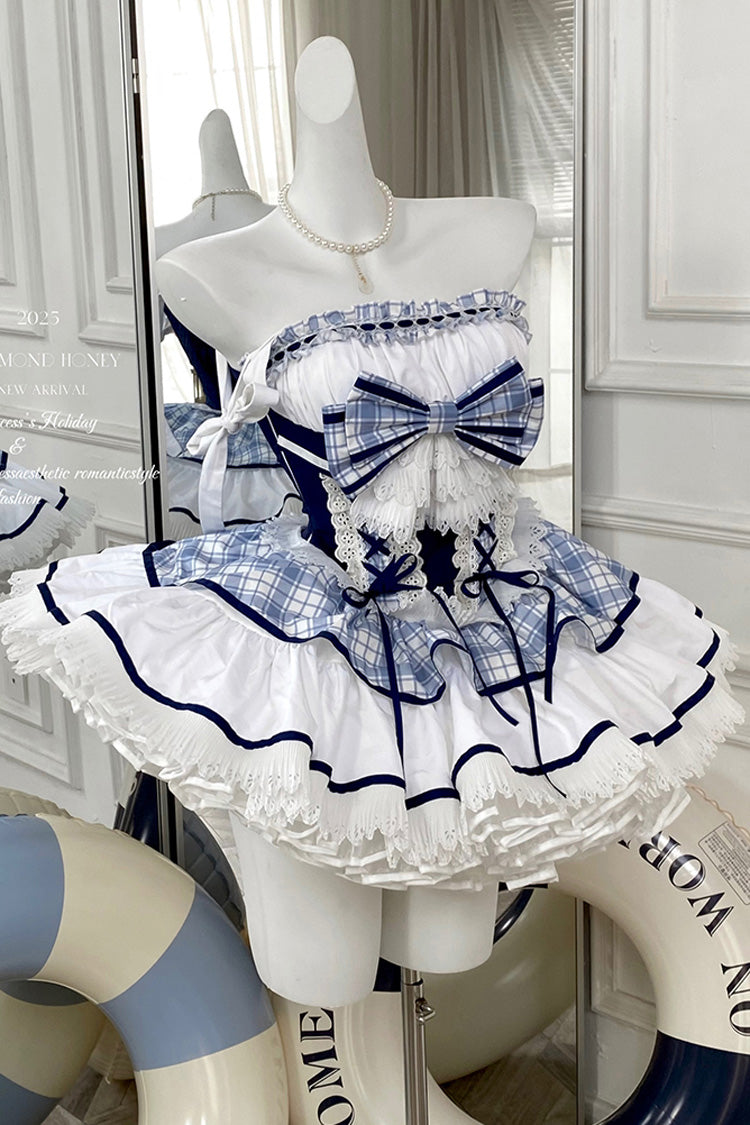 Blue/White [Sailing Love] Navy Collar Sleeveless Plaid Print Ruffle Bowknot Sweet Lolita Dress