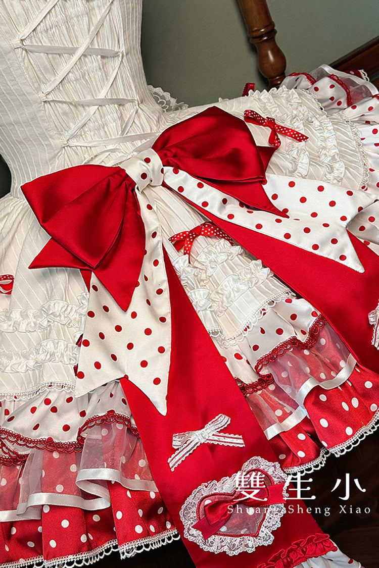 Red/White [Twin Bears] Sleeveless Triple-Layered Print Ruffle Bowknot Lace Sweet Lolita Jsk Dress