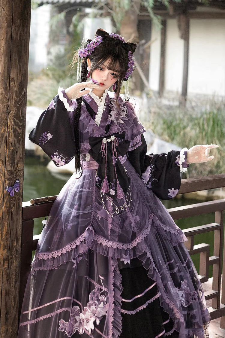 パープル【バイオレットガーゼリリー】スタンドカラー長袖フリル刺繍リボン古典中華風エレガントゴージャスロリータドレスセット
