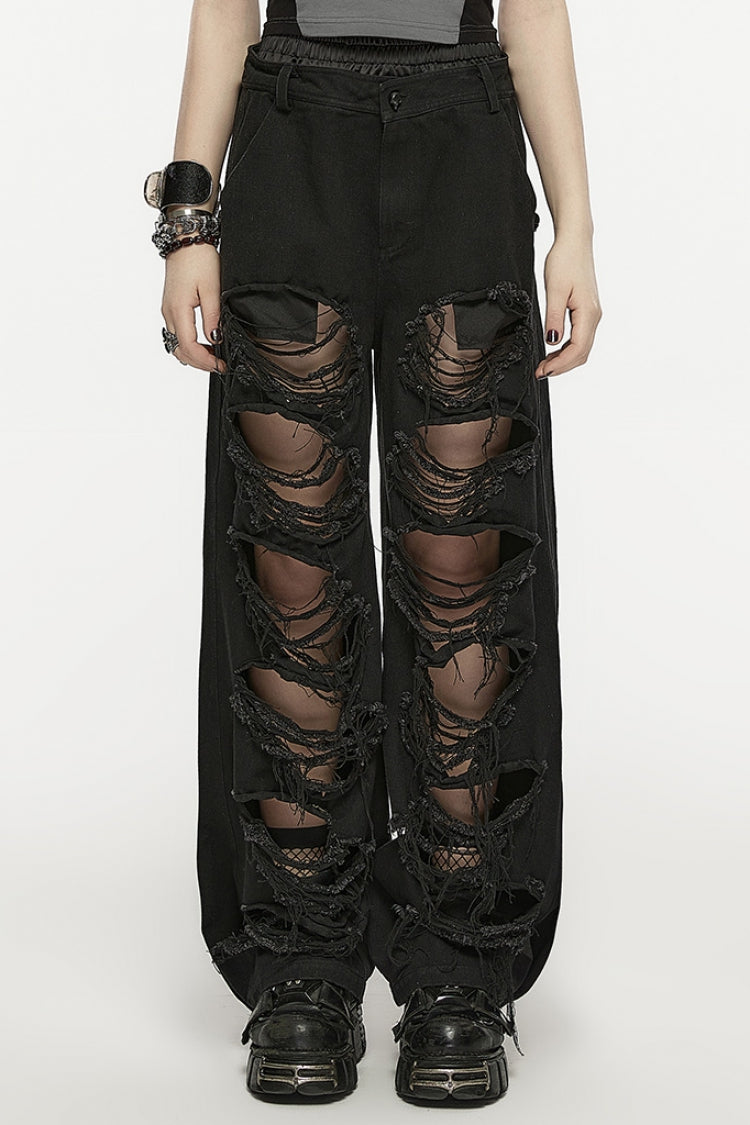 Black Double-waisted Ripped Women's Punk Cool Pants