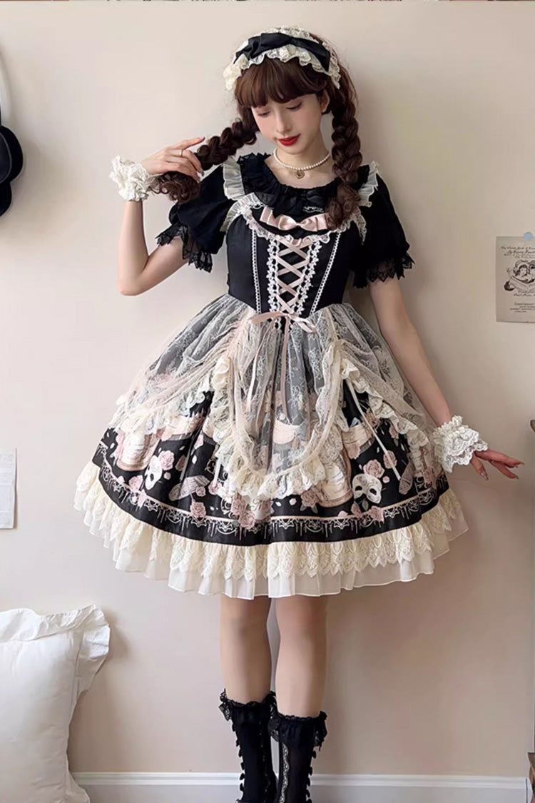 Black Sleeveless Rose Prologue Print Ruffle Bowknot Sweet Elegant Princess Lolita Jsk Dress