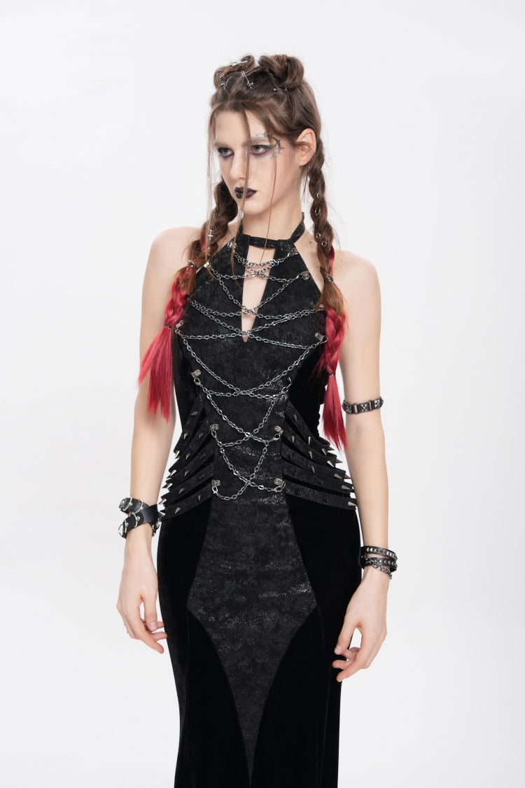 Black Halterneck Sleeveless Rivet Straps Chain Women's Punk Dress