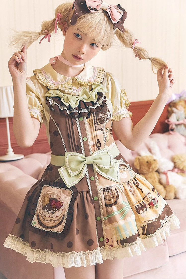 Brown Cake Chocolate Dessert Print Ruffle Bowknot Sweet Lolita Strap Dress