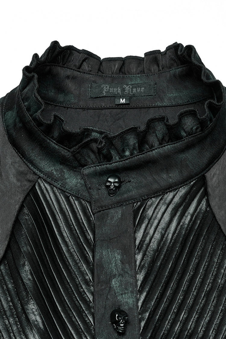 Schwarz/Grün Stehkragen Langarm Rüschen Plissierte Herren Gothic Bluse 